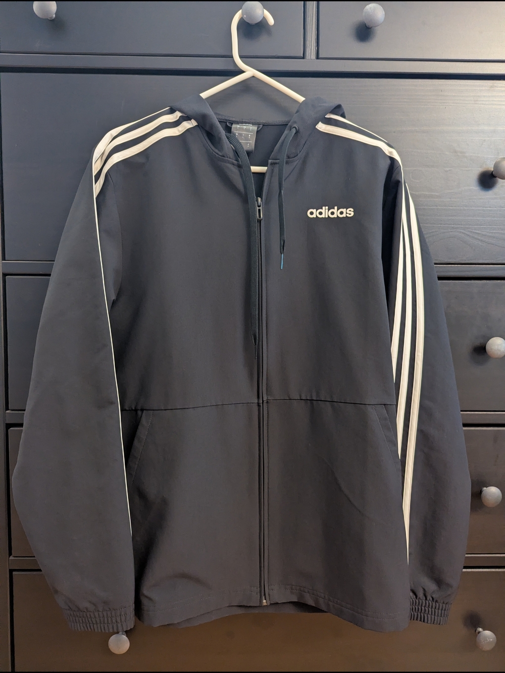 adidas Men's Black Hooded Track Jacket with White Stripes